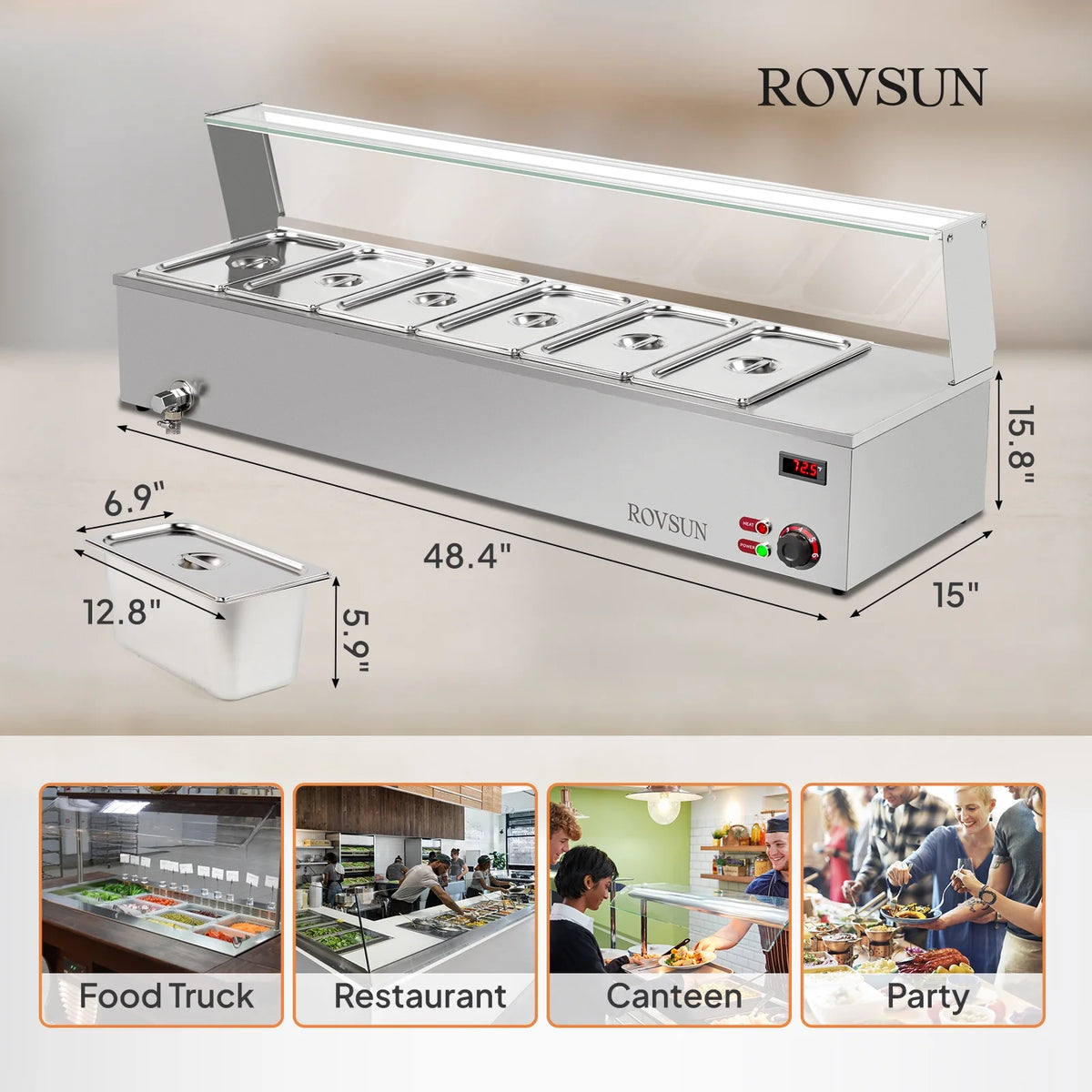48QT 1500W Electric Commercial Food Warmer Stainless Steel Steam Table W181260