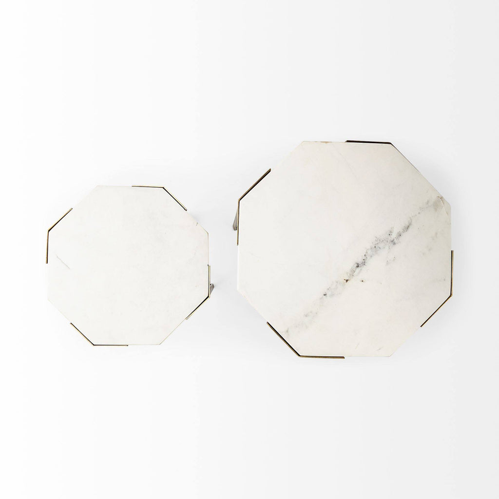 Set of Two White Marble and Iron Hexagonal End/Side Tables Q7623