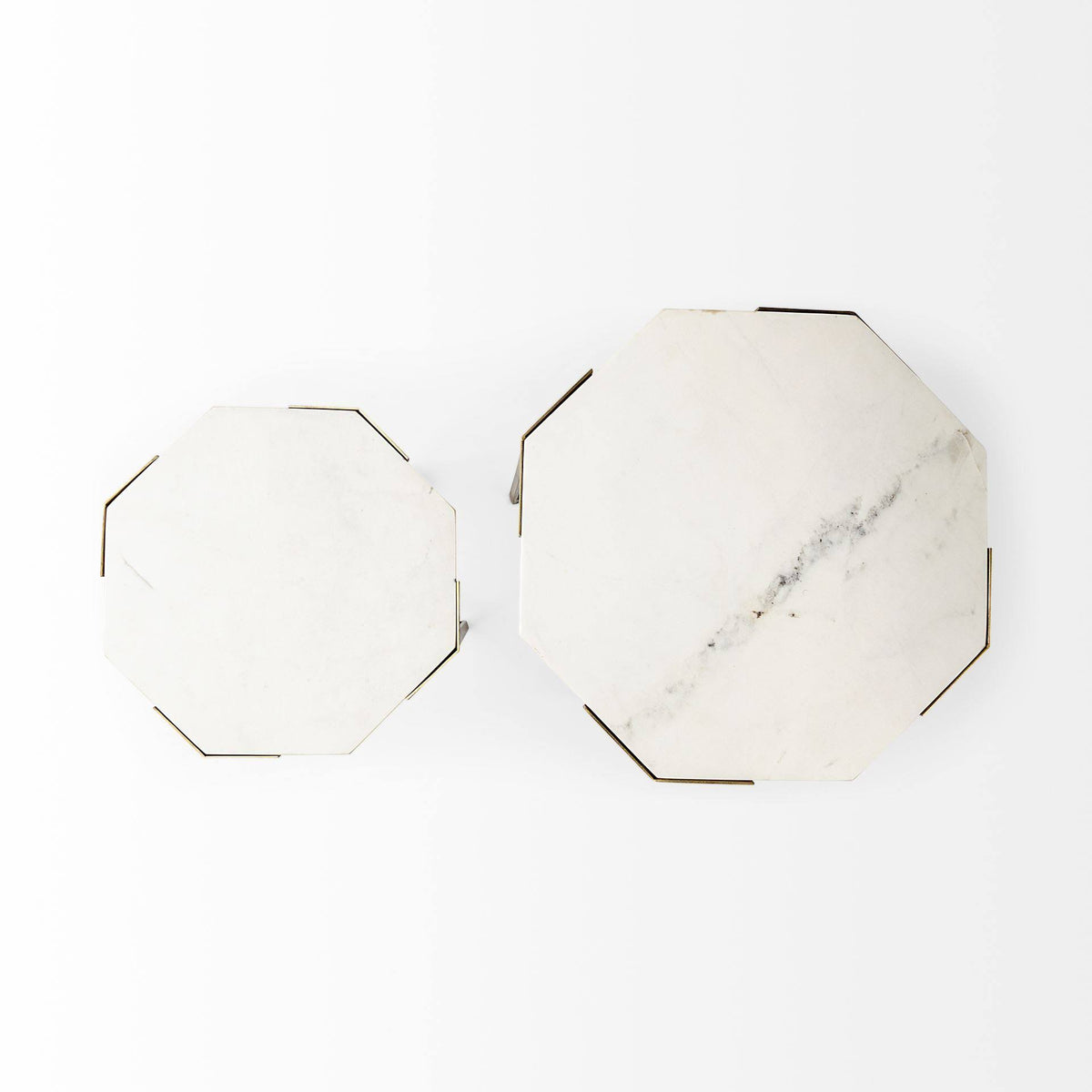 Set of Two White Marble and Iron Hexagonal End/Side Tables Q7623