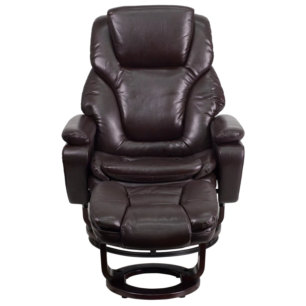 Brown LeatherSoft Recliner and Ottoman with Swivel Mahogany Wood Base M93940