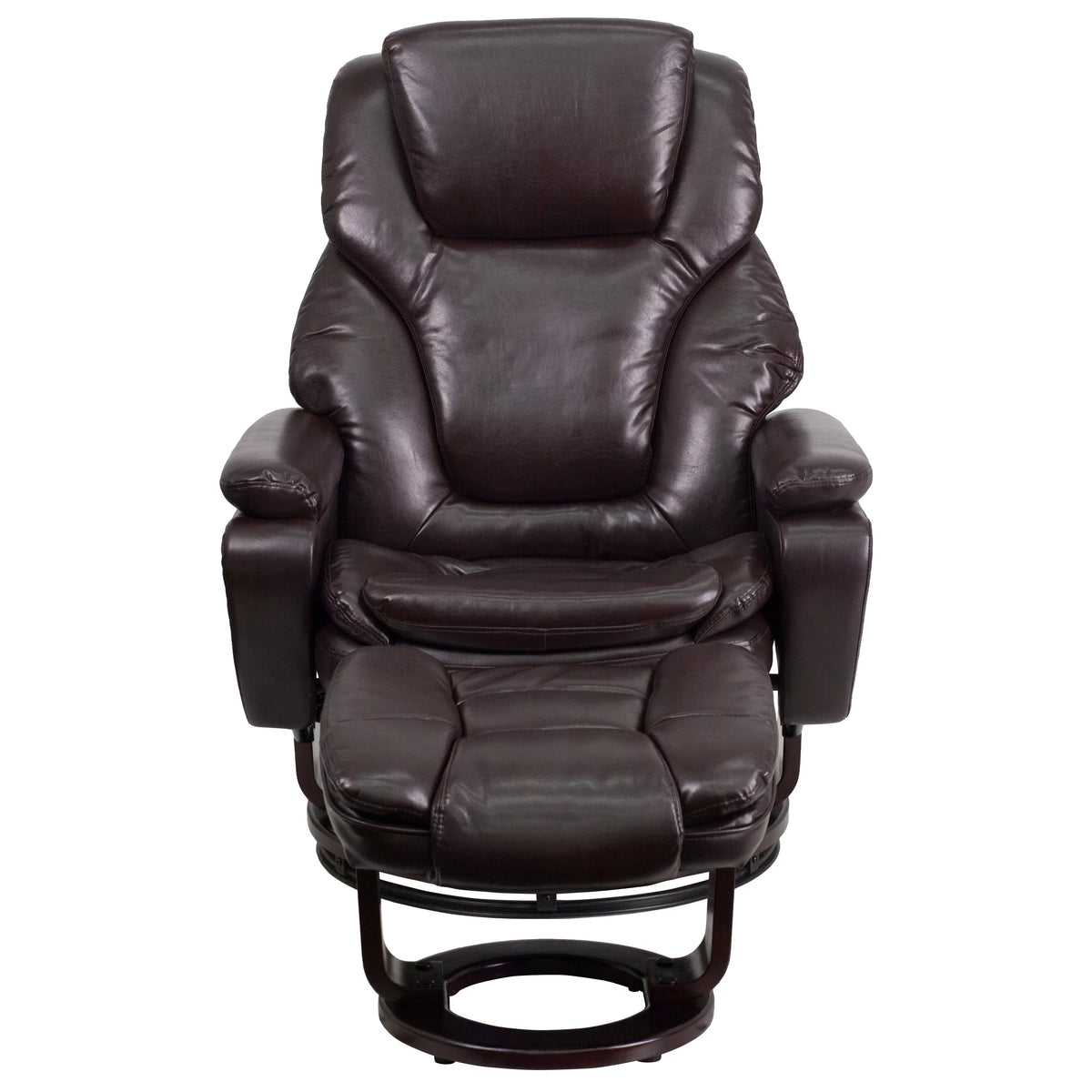 Brown LeatherSoft Recliner and Ottoman with Swivel Mahogany Wood Base M93940