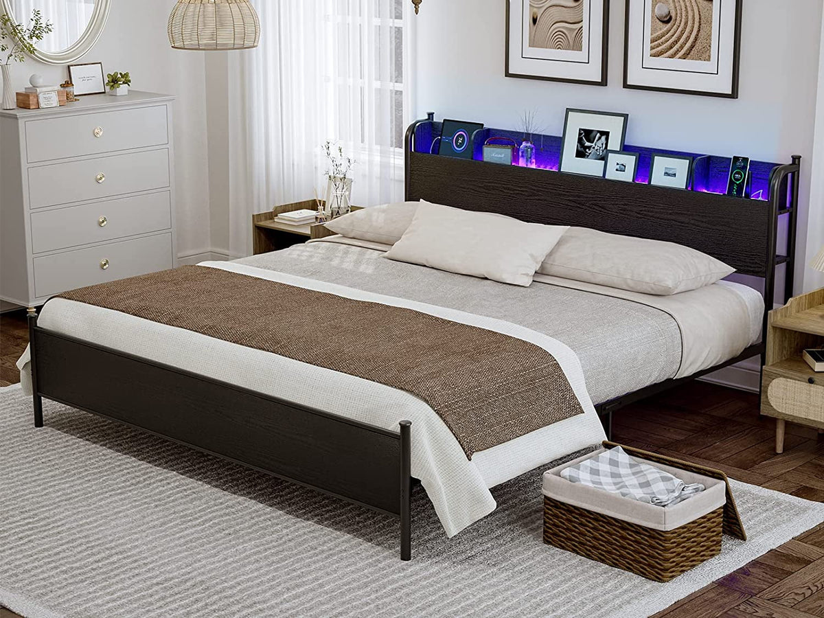 Black Twin XL LED Bed Frame with Storage Headboard and USB Ports Y368