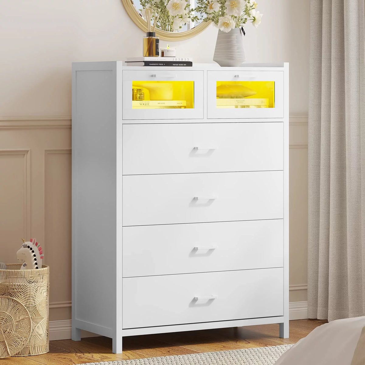 White 6 Drawers Wood Dresser with LED Lights P812550