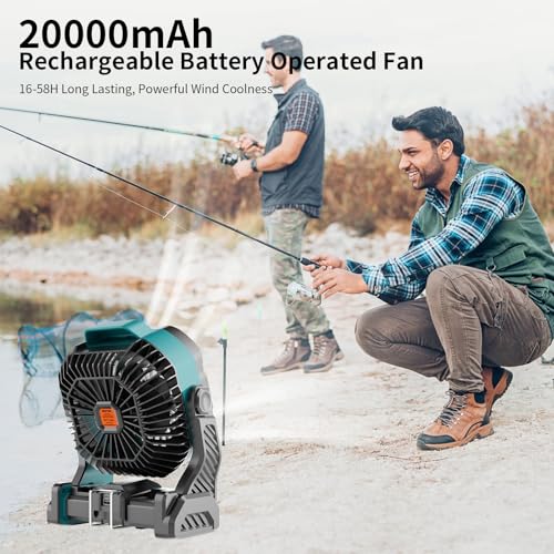 20000mAh Camping Fan with LED Lantern USB Rechargeable 4 Speeds Black T82533
