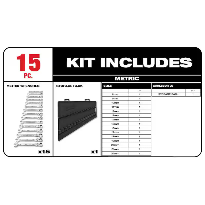 19-Piece Flex-Head Ratcheting Combination Wrench Set Metric M917