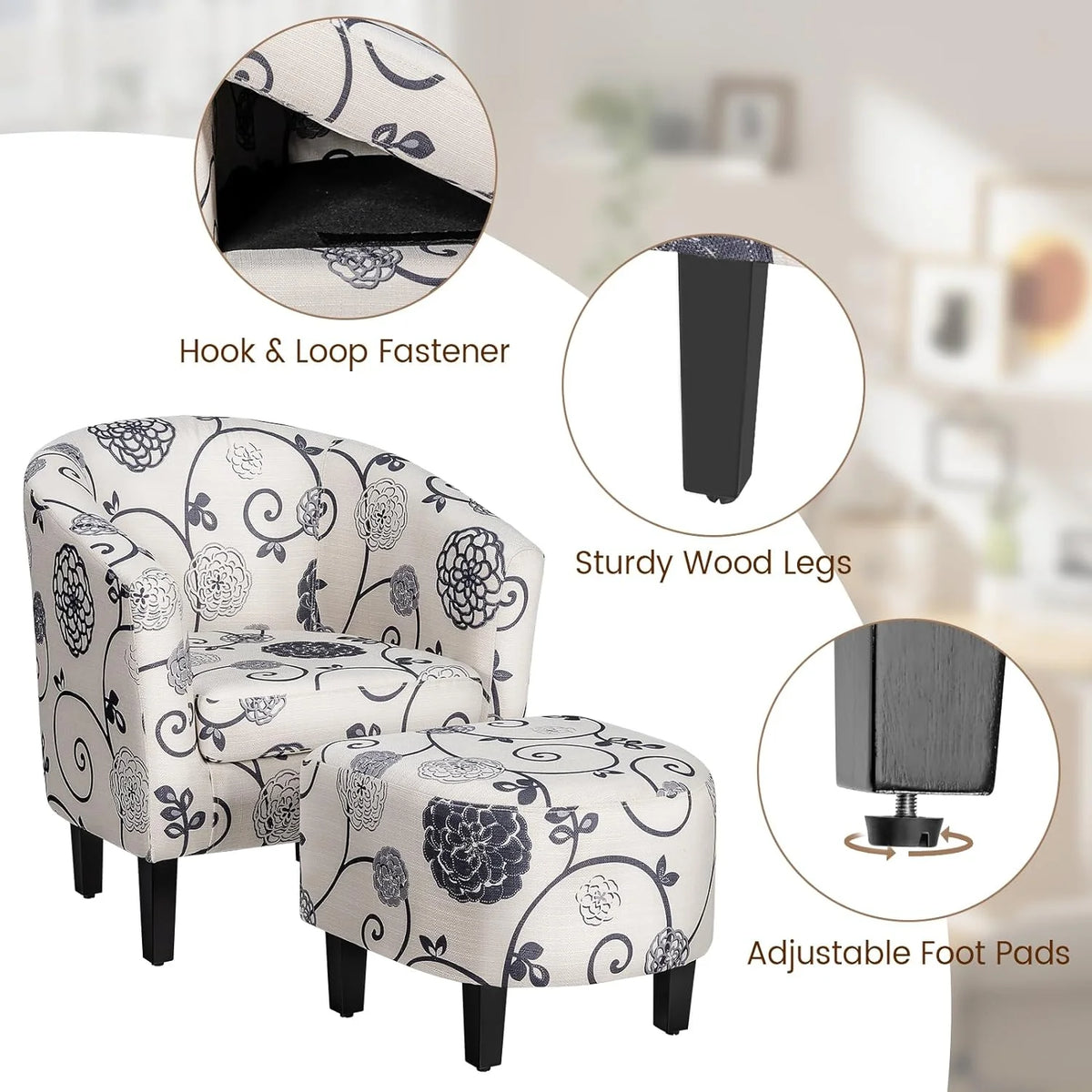 Accent Chair with Ottoman Set Upholstered Barrel Chair with Footrest K3124
