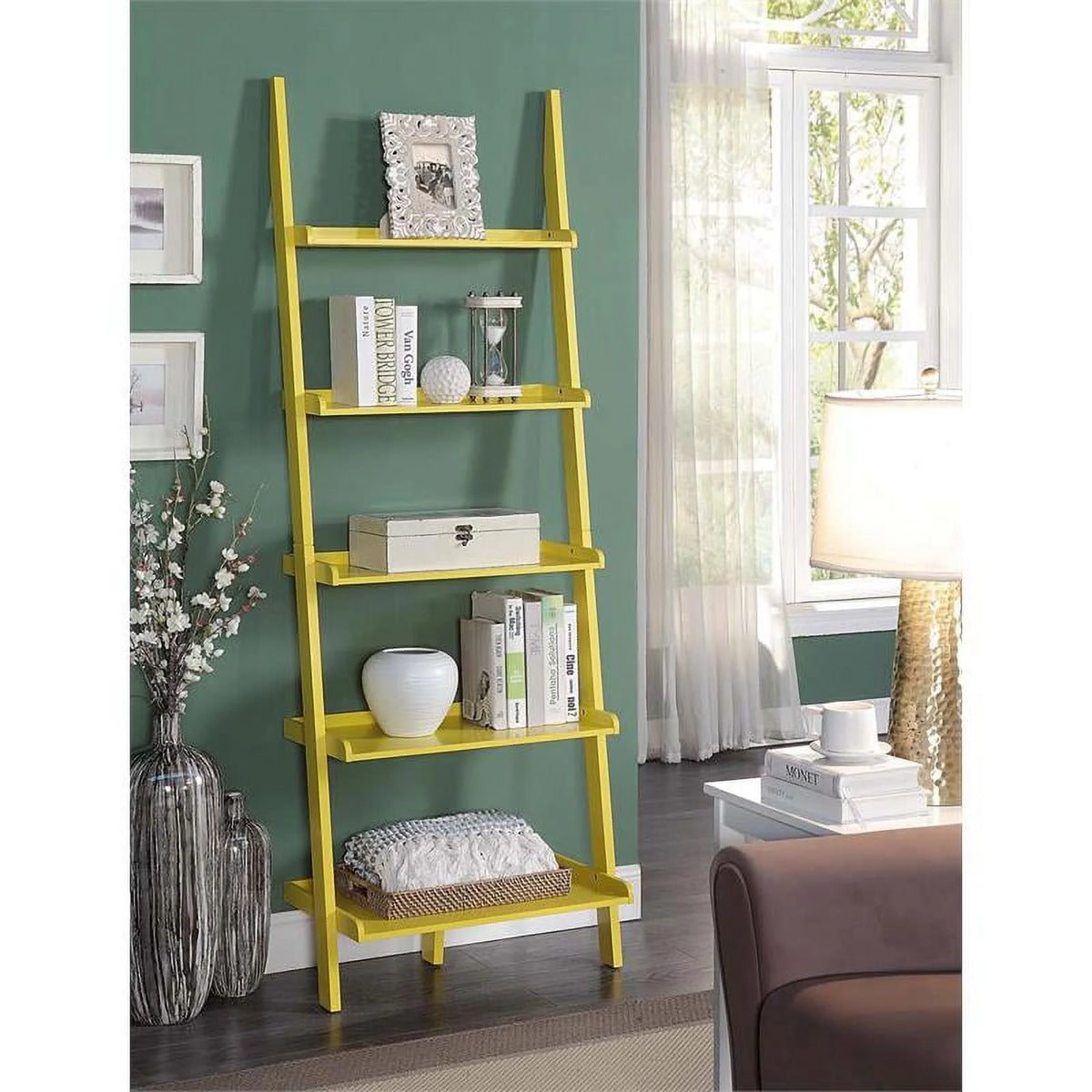 Bright Yellow Wood Five Tier Bookshelf Ladder N78803
