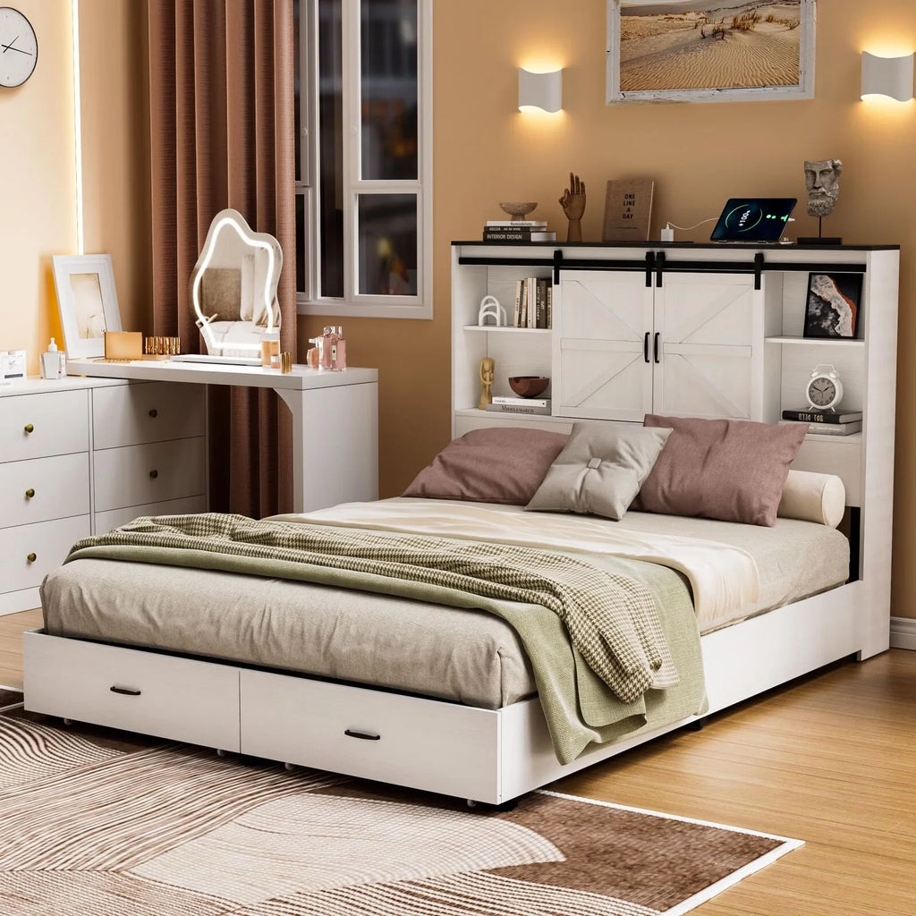 Queen Size Wooden Platform Bed Frame with Bookcase Headboard Storage B3939