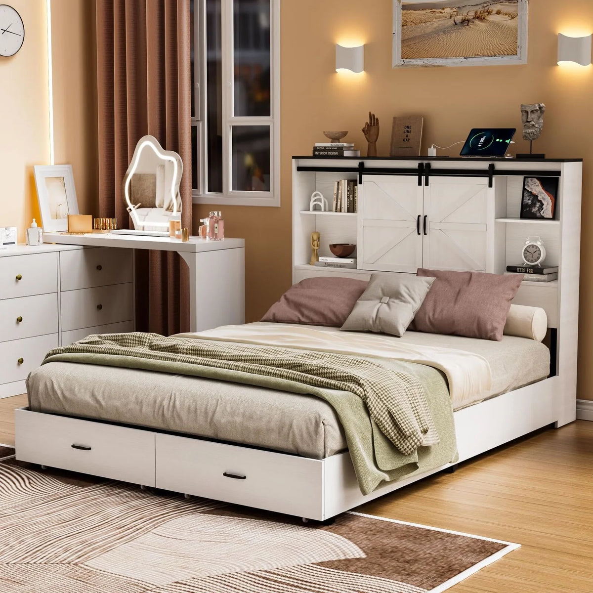Queen Size Wooden Platform Bed Frame with Bookcase Headboard Storage B3939