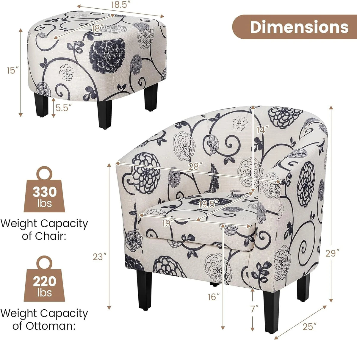 Accent Chair with Ottoman Set Upholstered Barrel Chair with Footrest K3124
