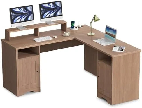 L Shaped Desk with Drawers 60 Inch Corner Computer Desk with USB Charging Port and Power Outlet Oak P887