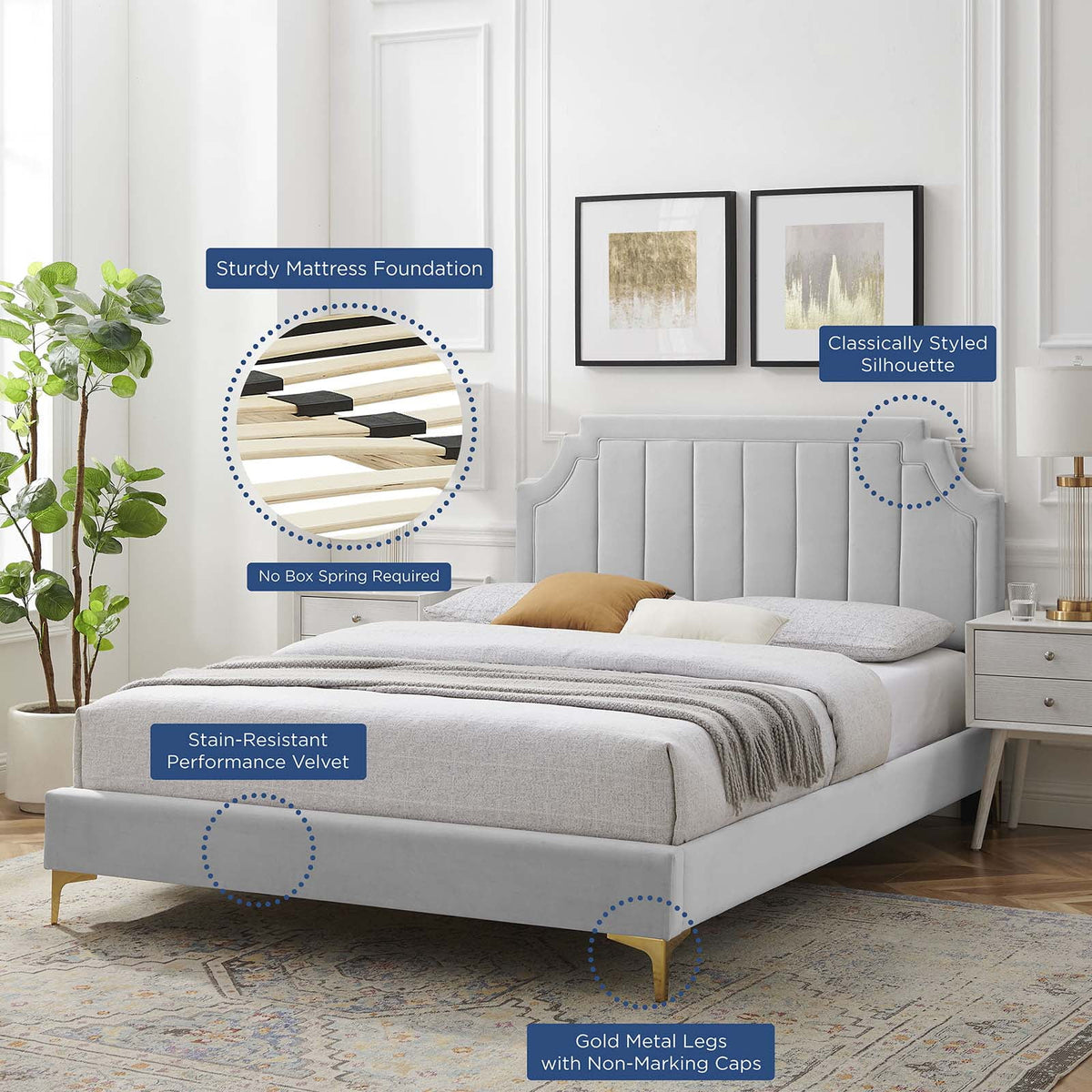 King Size Velvet Platform Bed Frame W855176