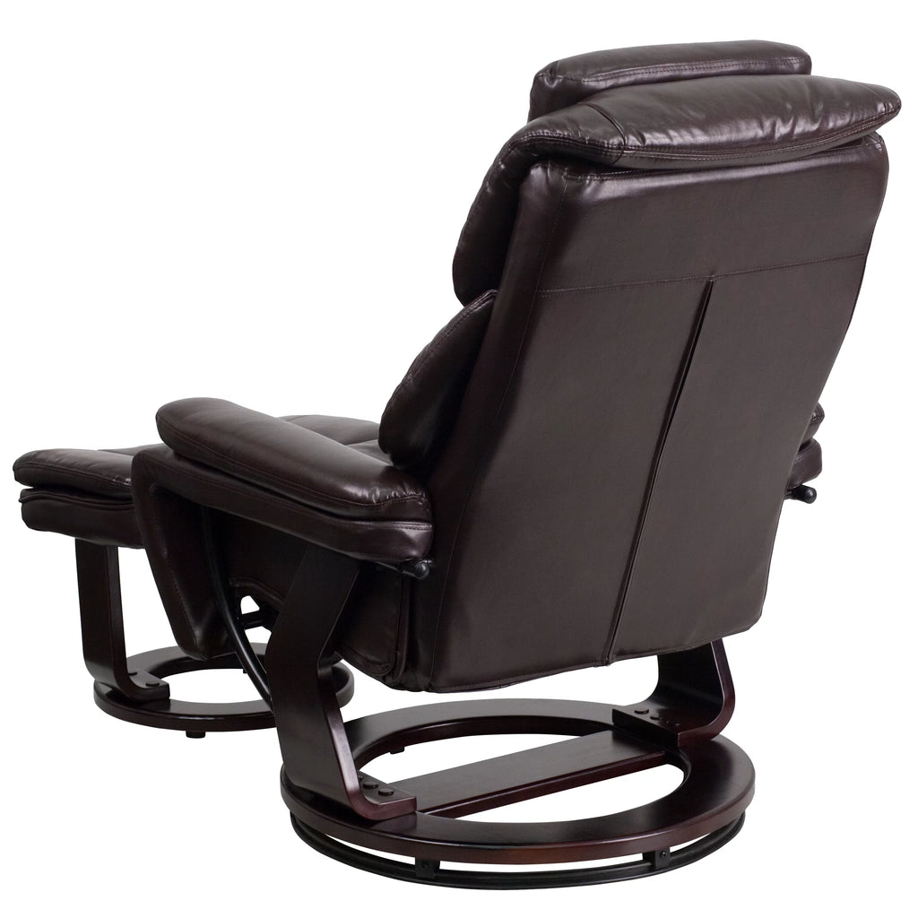 Brown LeatherSoft Recliner and Ottoman with Swivel Mahogany Wood Base M93940