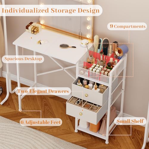 White Vanity Desk with 2 Fabric Drawers, 9 Compartments, Storage Shelves J610812