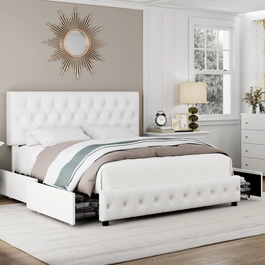 King White Faux Leather Upholstered Storage Bed Frame with 4 Drawers D970