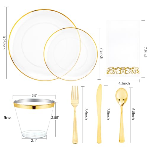 Black and Gold Plastic Plates 350PCS Disposable Dinnerware Set for 50 Guests Q607