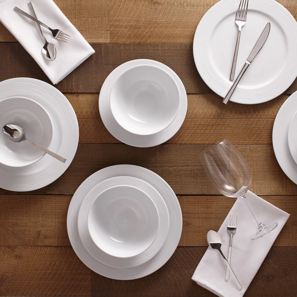 12-Piece White Embossed Round Rim Dinnerware Set E7626