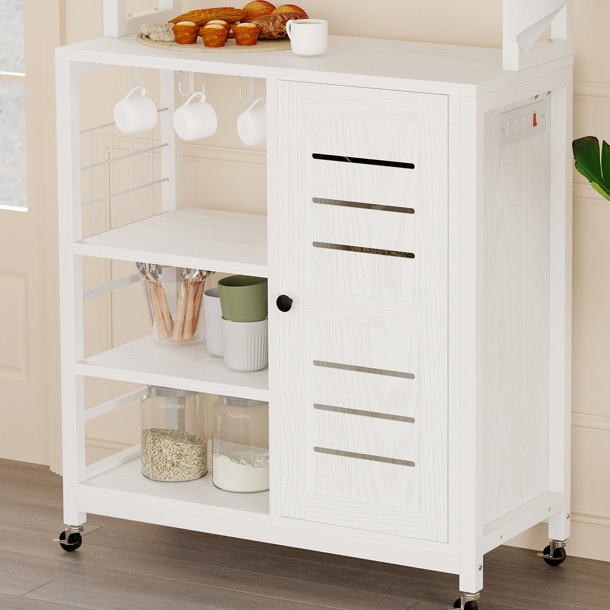 White Bakers Rack with Power Outlets and Cabinets C7099