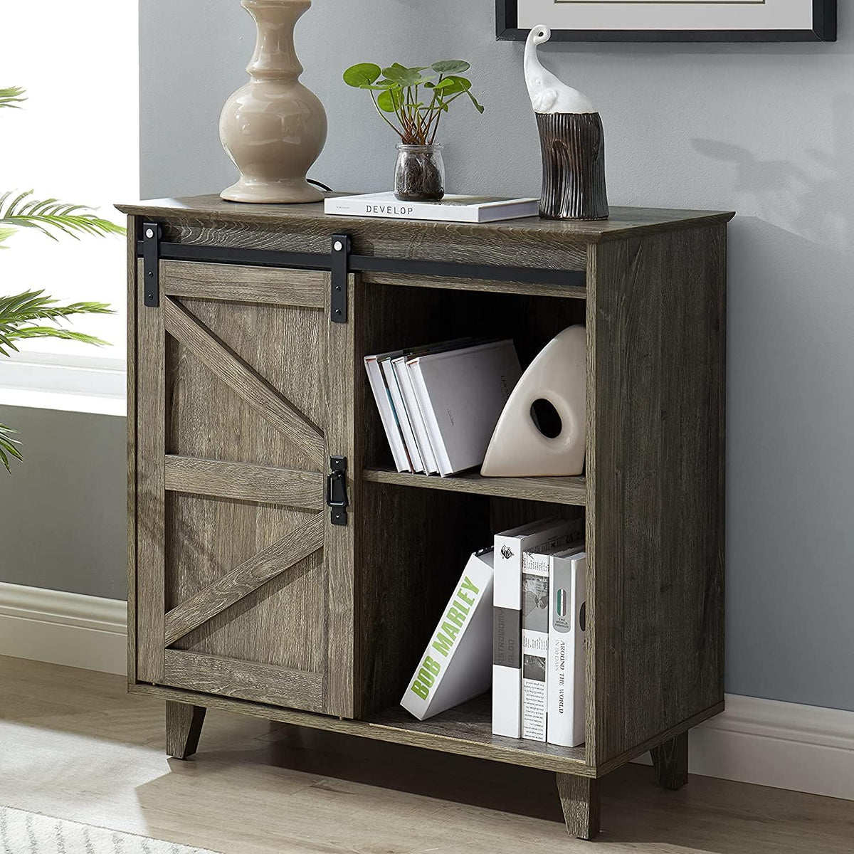 2-Tier Sliding Barn Door Sideboard Cabinet O114