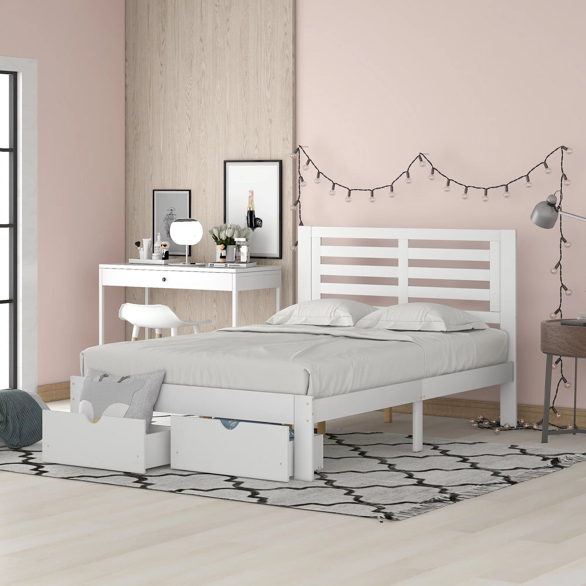 White Pine Wood Storage Platform Bed T732929