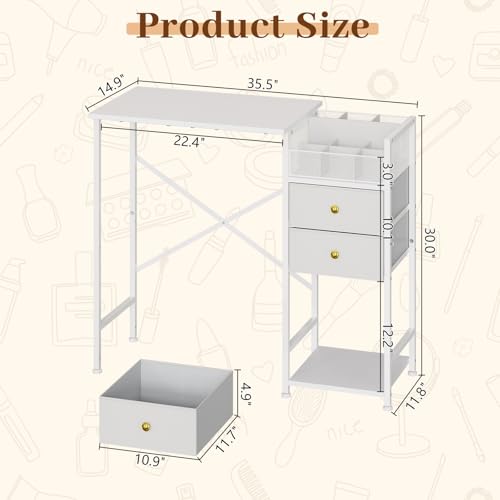 White Vanity Desk with 2 Fabric Drawers, 9 Compartments, Storage Shelves J610812