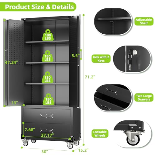 71" H Metal Storage Cabinet with Wheels, 5 Shelves and 4 Hooks, Black Silver P48743
