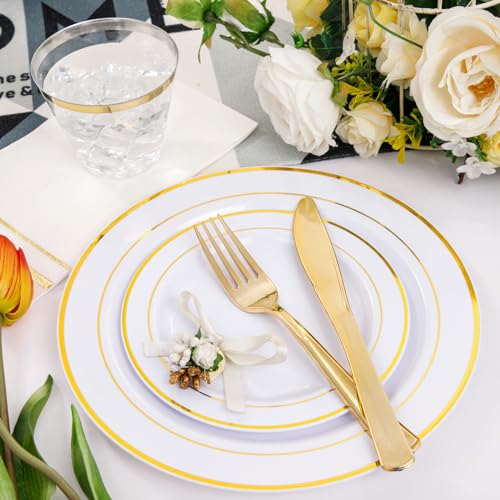 Black and Gold Plastic Plates 350PCS Disposable Dinnerware Set for 50 Guests Q607