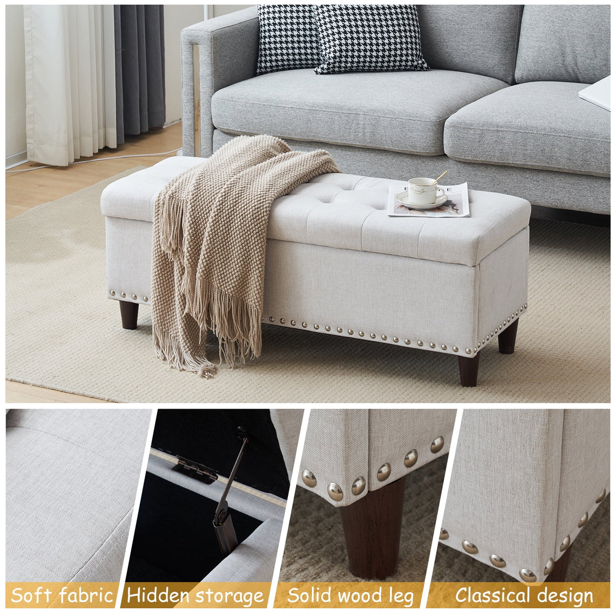 Off-White Linen Upholstered Storage Bench R592