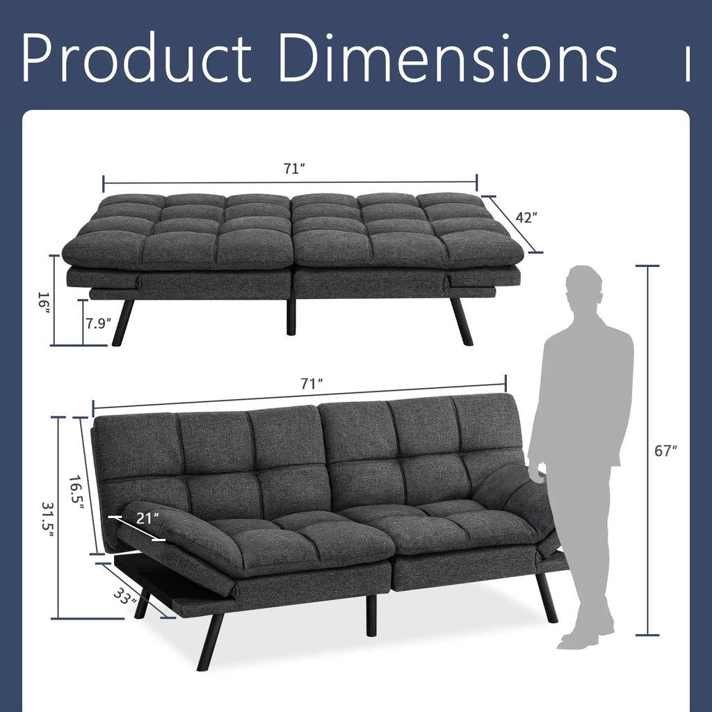 Memory Foam Futon Sofa Bed with Adjustable Armrests and Backrest, Gray P24848