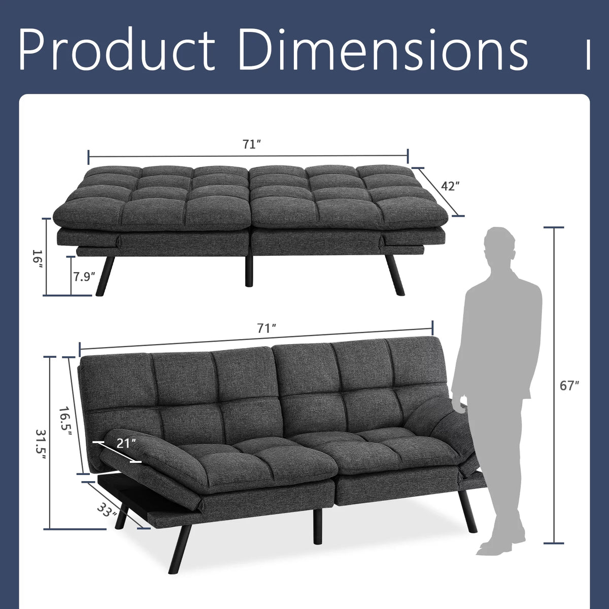 Memory Foam Futon Sofa Bed with Adjustable Armrests and Backrest, Gray P24848