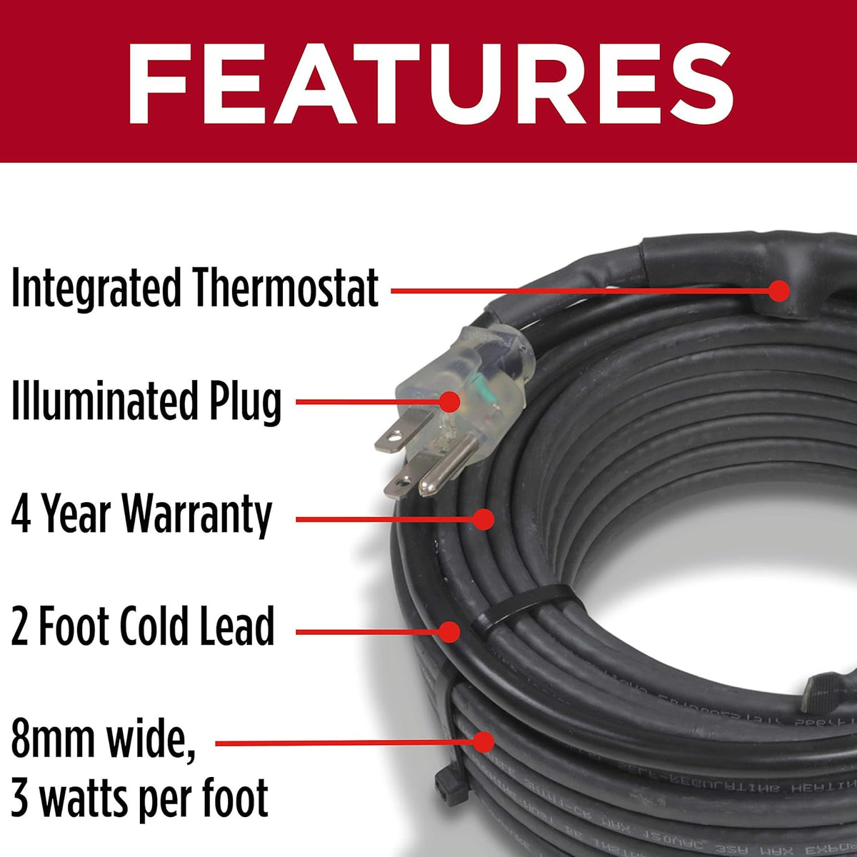 Self-Regulating Heat Cable with Built-in Thermostat 60 feet Z27665