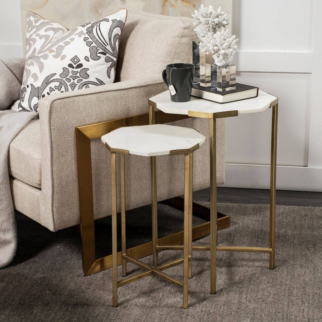 Set of Two White Marble and Iron Hexagonal End/Side Tables Q7623
