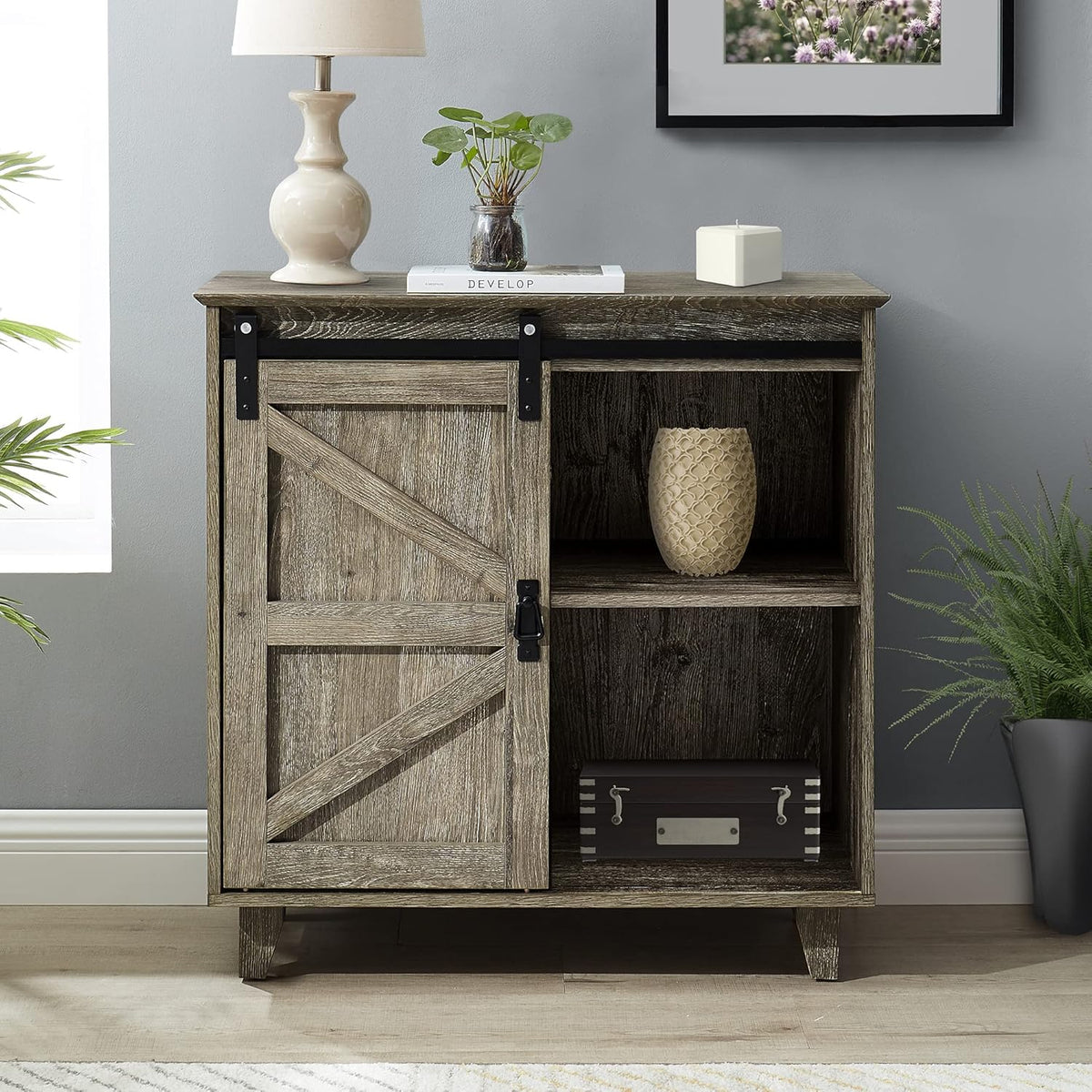 2-Tier Sliding Barn Door Sideboard Cabinet O114