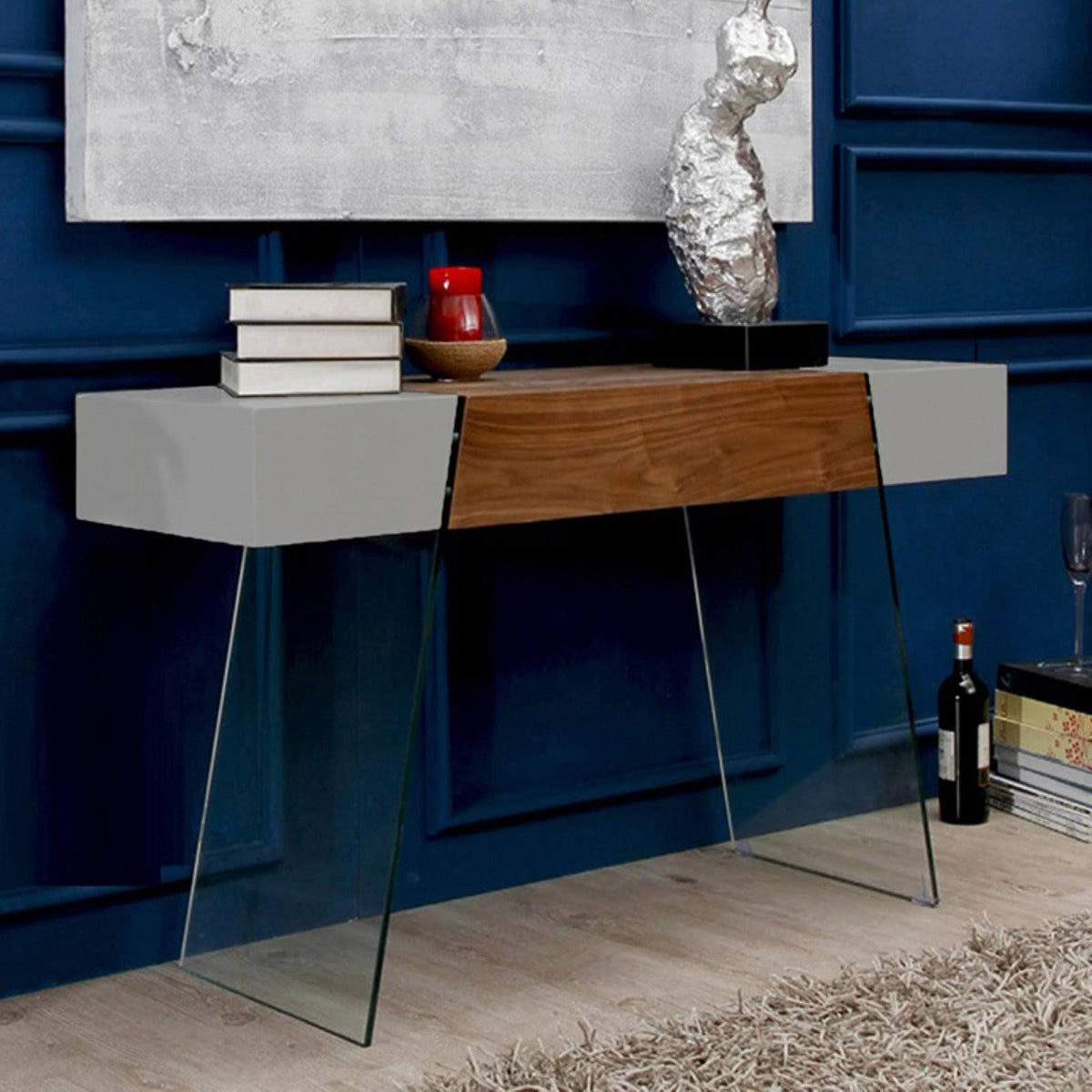 Walnut Veneer Gray Lacquer Console Table K121