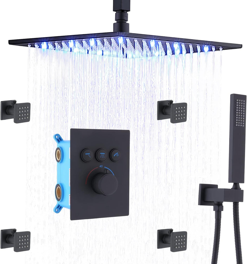 12 Inch Ceiling Rain Shower Head Combo System with Body Jets and Handheld Shower Faucet Set Matte Black Y479371