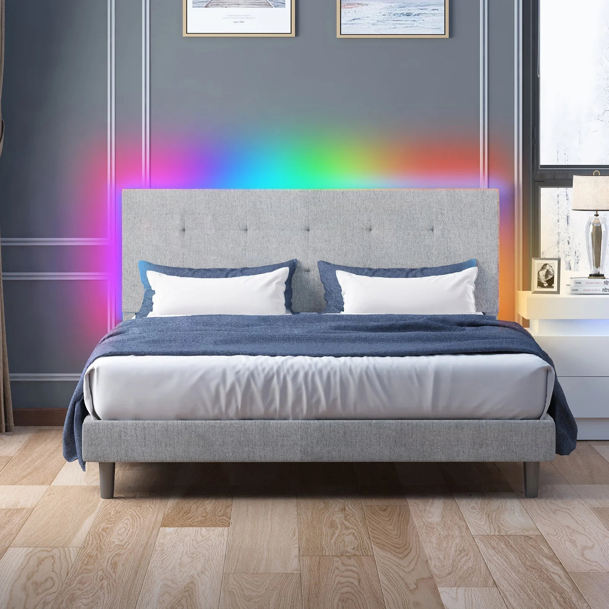 Light Grey Linen Fabric Upholstered Full Size Platform Bed Frame with Adjustable Headboard R6398