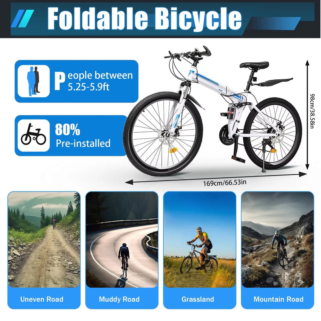 Folding Mountain Bike 21-speed Blue and White C46065