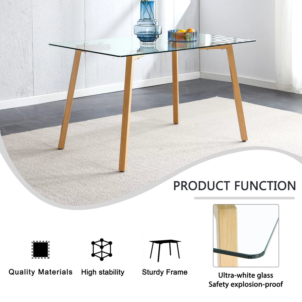 Glass Dining Table Modern Minimalist Rectangular 4-6 31" Tempered Glass Tabletop Black Coating Metal Legs Y58660