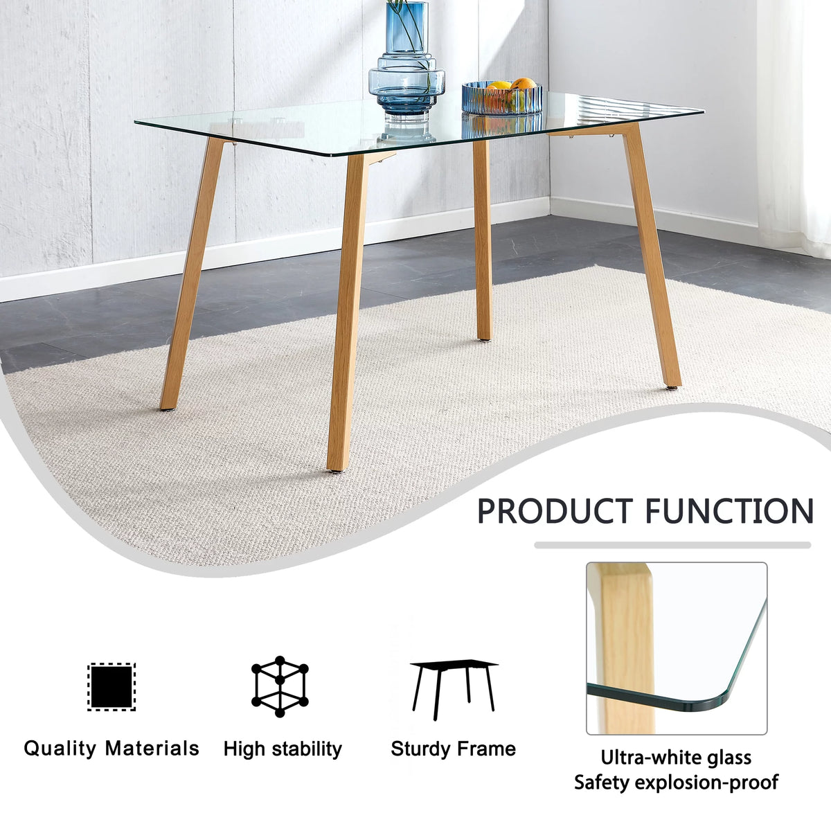 Glass Dining Table Modern Minimalist Rectangular 4-6 31" Tempered Glass Tabletop Black Coating Metal Legs Y58660