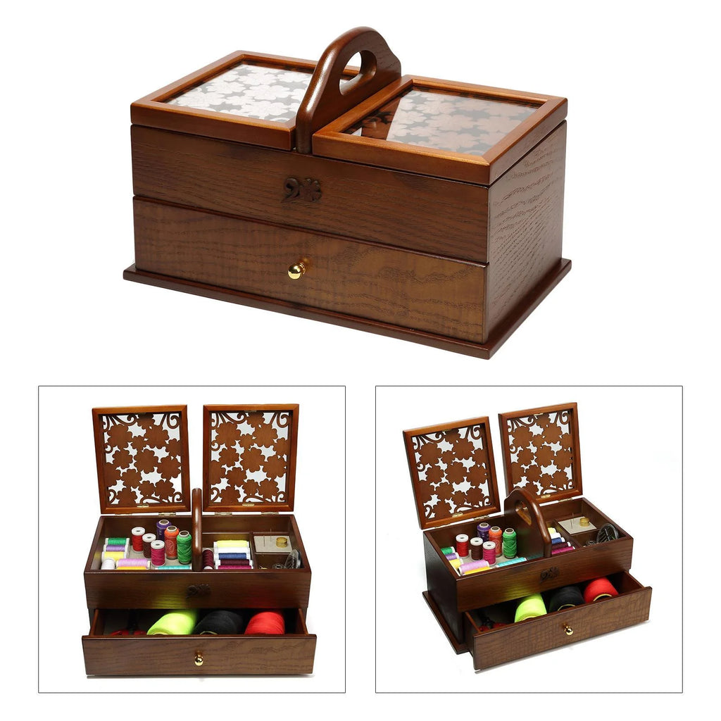 2 Tier Wooden Sewing Basket Jewelry Storage Box Organizer S72767