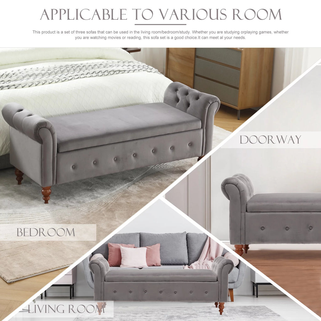 Gray Velvet Upholstered Storage Bench with Arms B312
