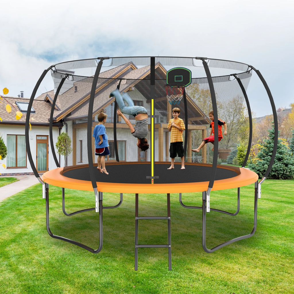 12FT Trampoline with Basketball Hoop and Safety Enclosure Net Y793