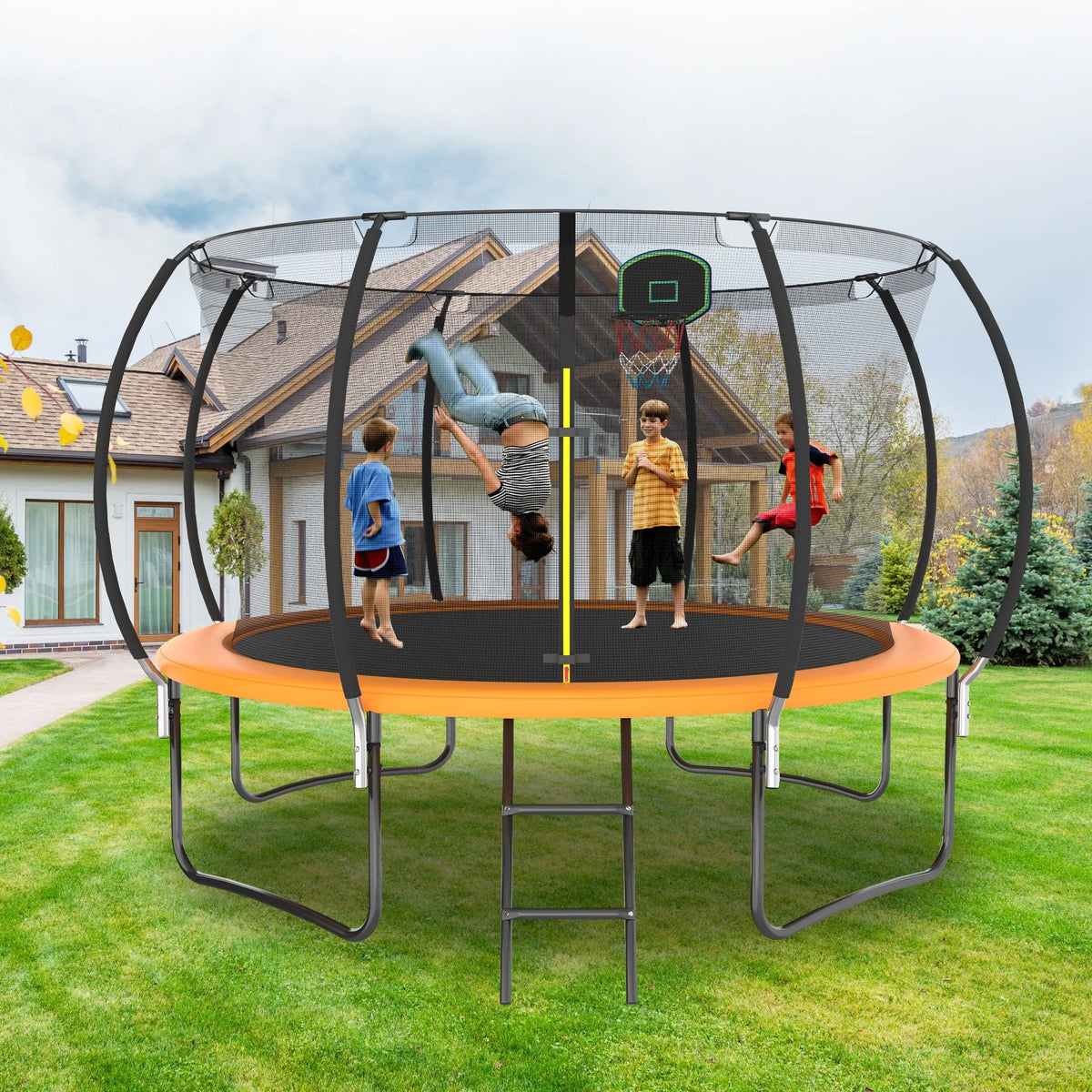 12FT Trampoline with Basketball Hoop and Safety Enclosure Net Y793