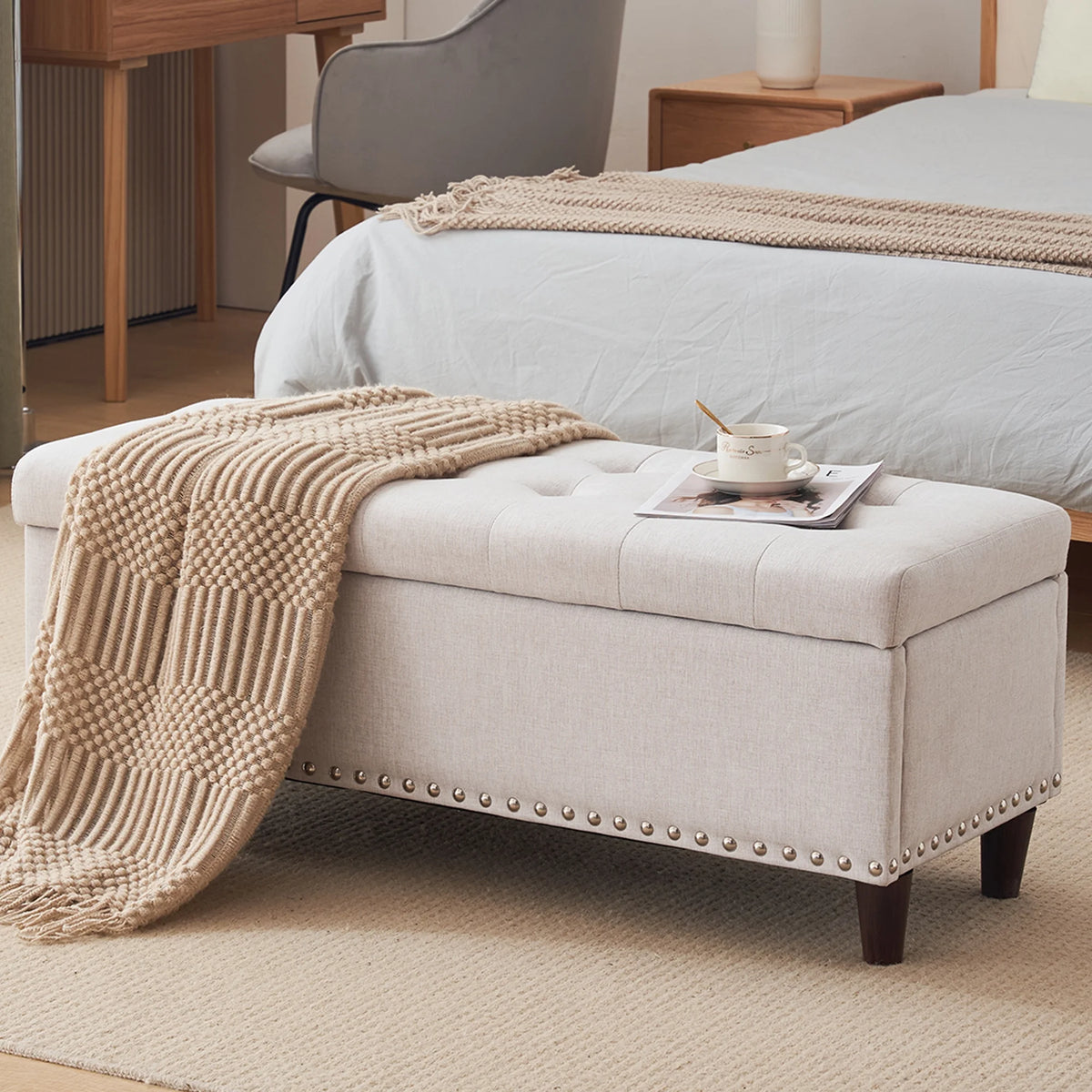 Off-White Linen Upholstered Storage Bench R592