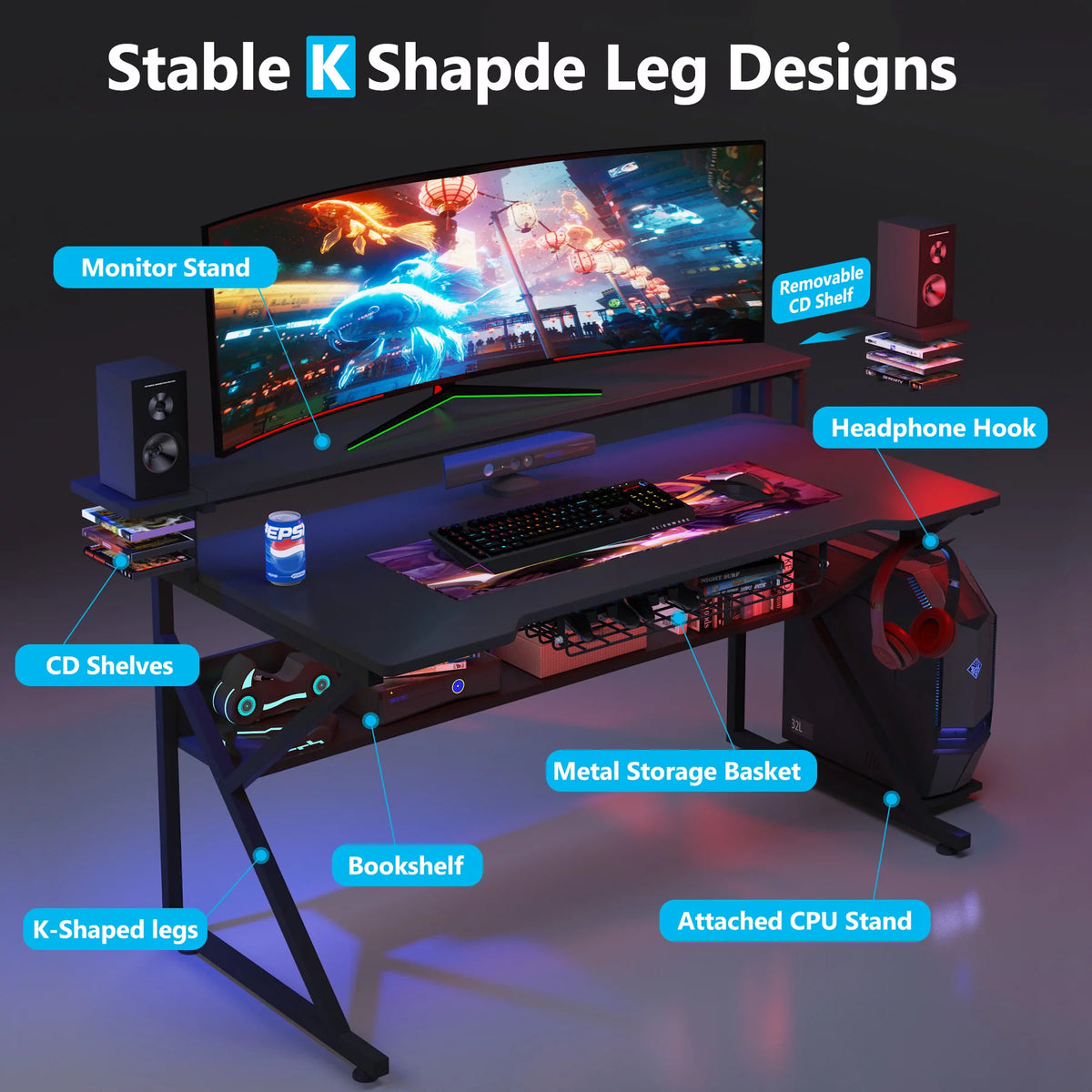 47 inches Gaming Desk with Monitor Stand O6861