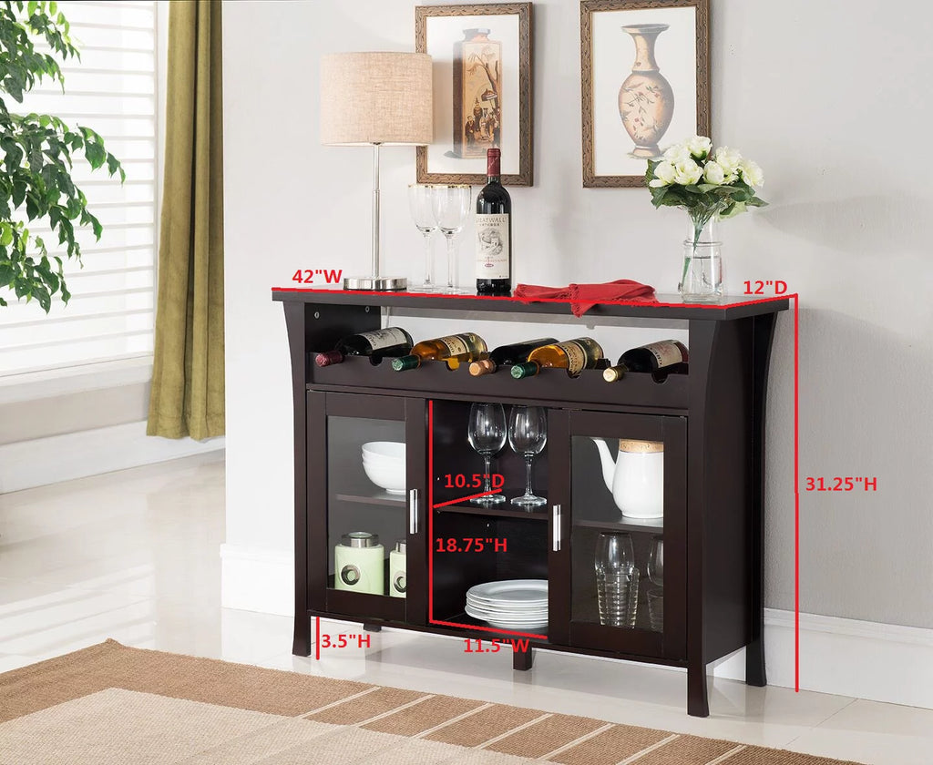 Espresso Wood Wine Rack Sideboard Console Table With Glass Doors J411