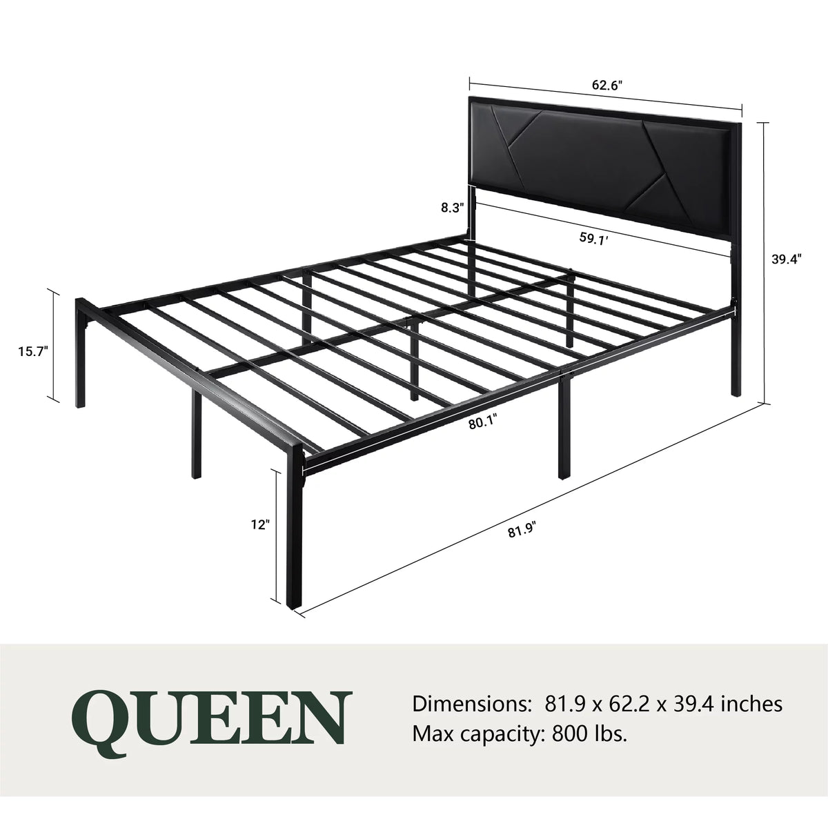 Queen Size Black Metal Bed Frame with Upholstered Headboard X212