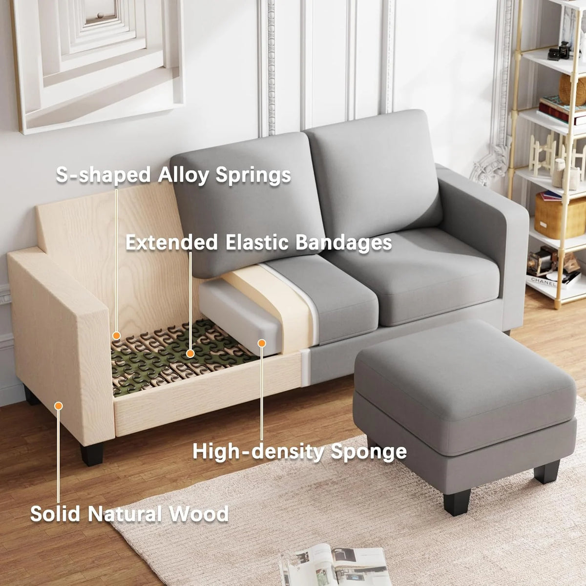 Light Gray Convertible Sectional Sofa with Ottoman R169