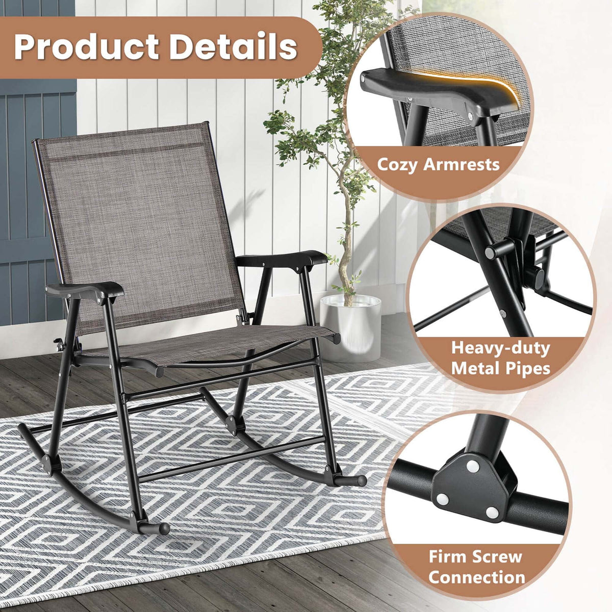 2pcs Patio Folding Rocking Chair Metal Frame D4468