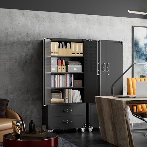 71" H Metal Storage Cabinet with Wheels, 5 Shelves and 4 Hooks, Black Silver P48743